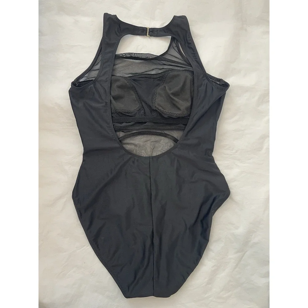 La Blanca Black One Piece Swimsuit Mesh Panels Racerback‎ Cut Size 14